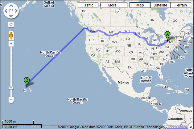 Google Maps clearly shows that it is possible to drive from Rochester to Honolulu...or does it?