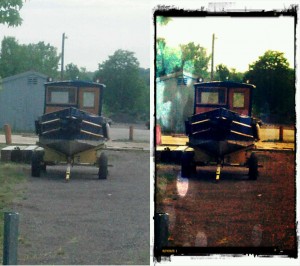 A before and after image of a boat on a trailer in an Erie Canal maintenance yard