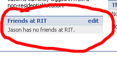 Screen Shot from facebook.com: Jason's Friends--Jason has no friends at RIT